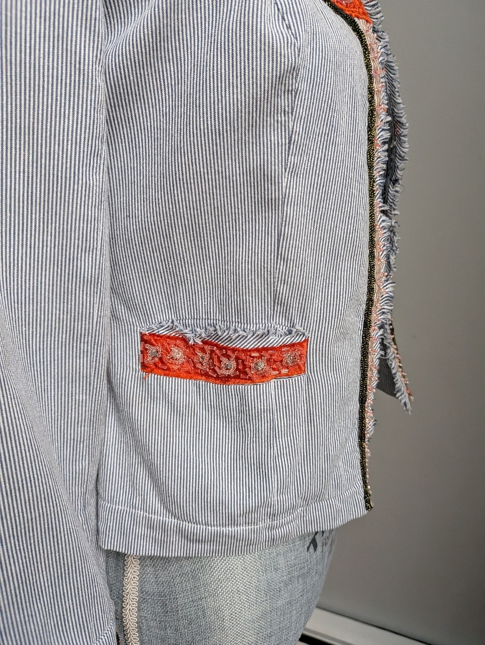 Free People Blue Pinstripe Blazer with Coral Trim - Picture 3 of 14